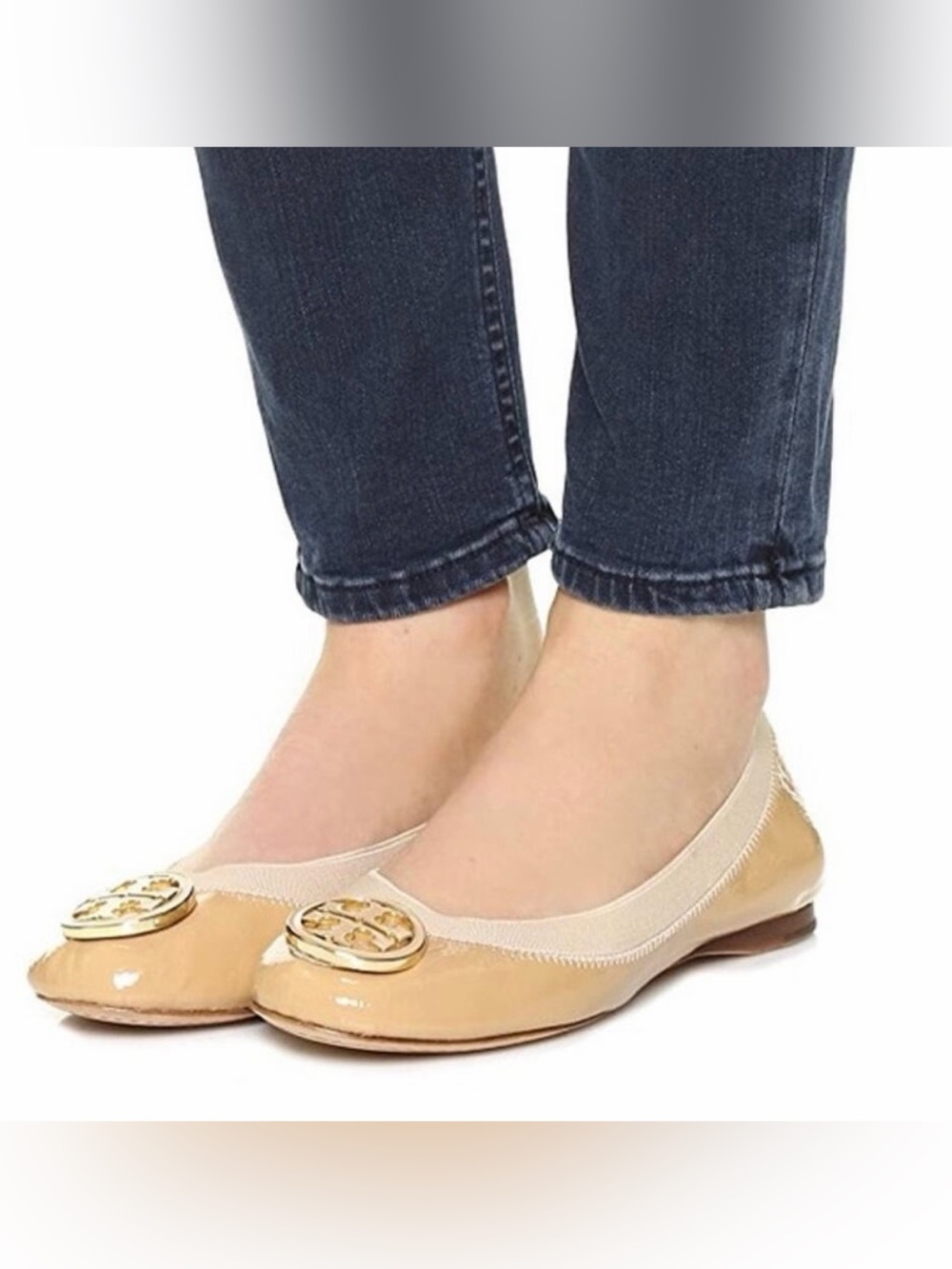 Tory Burch Caroline Tan Nude Patent Leather Logo Ballet Flats Size 8.5 M